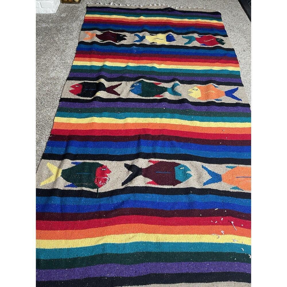 Vintage Native American Blanket 75in X 40in Fish & Colorful Rainbow Throw Rug